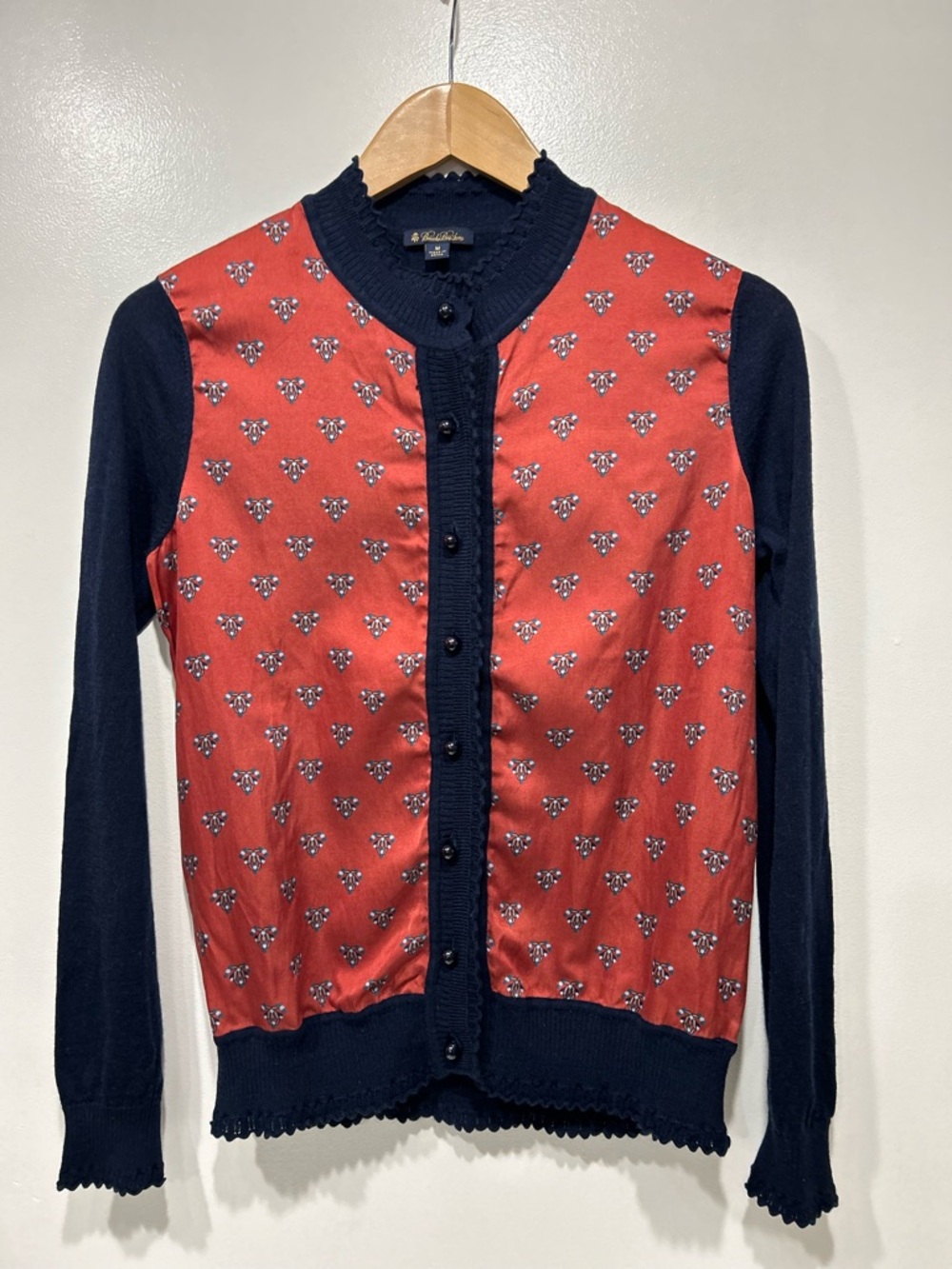 Brooks Brothers Merino Wool Silk Cotton‎ Blend Ruffle Cardigan Navy Sweater M